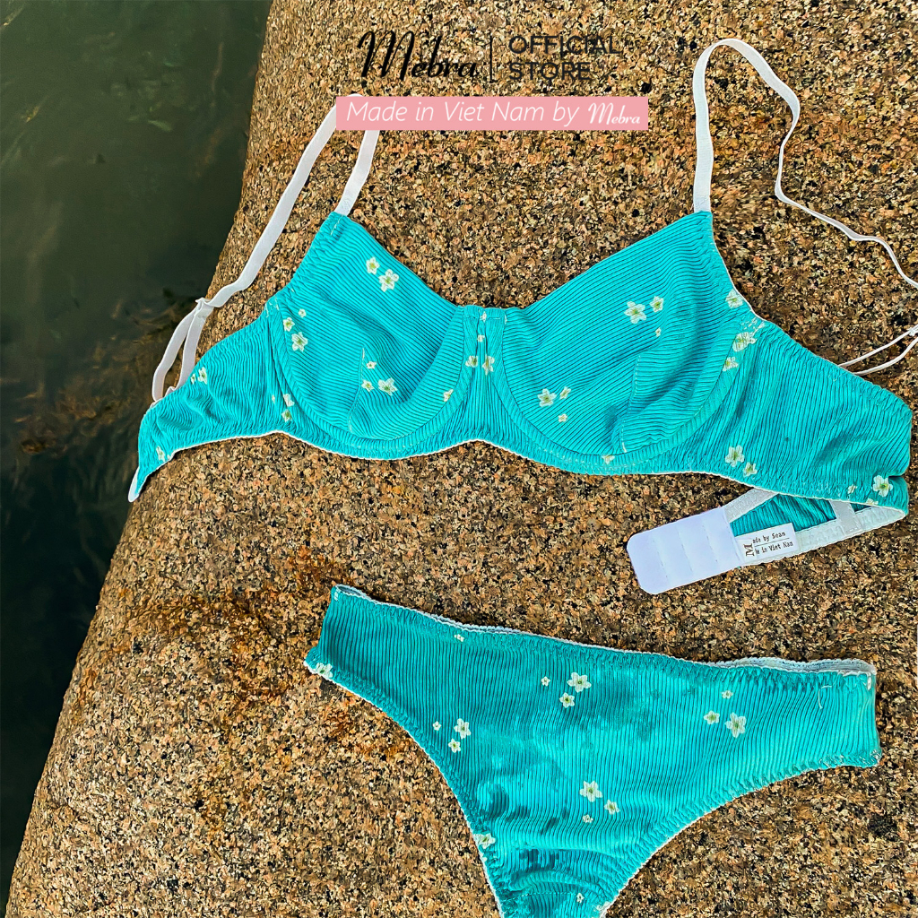 Set đồ lót LAYLA cotton gân xanh navy sang sáng da có gọng không mút hoa nhí mùa hè tươi mát Mebra A108