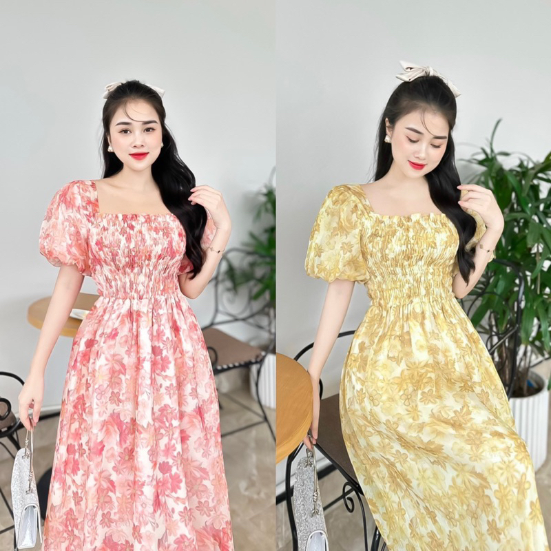 Váy tơ hoa chun ngực tay phồng quả bí, hàng thiết kế