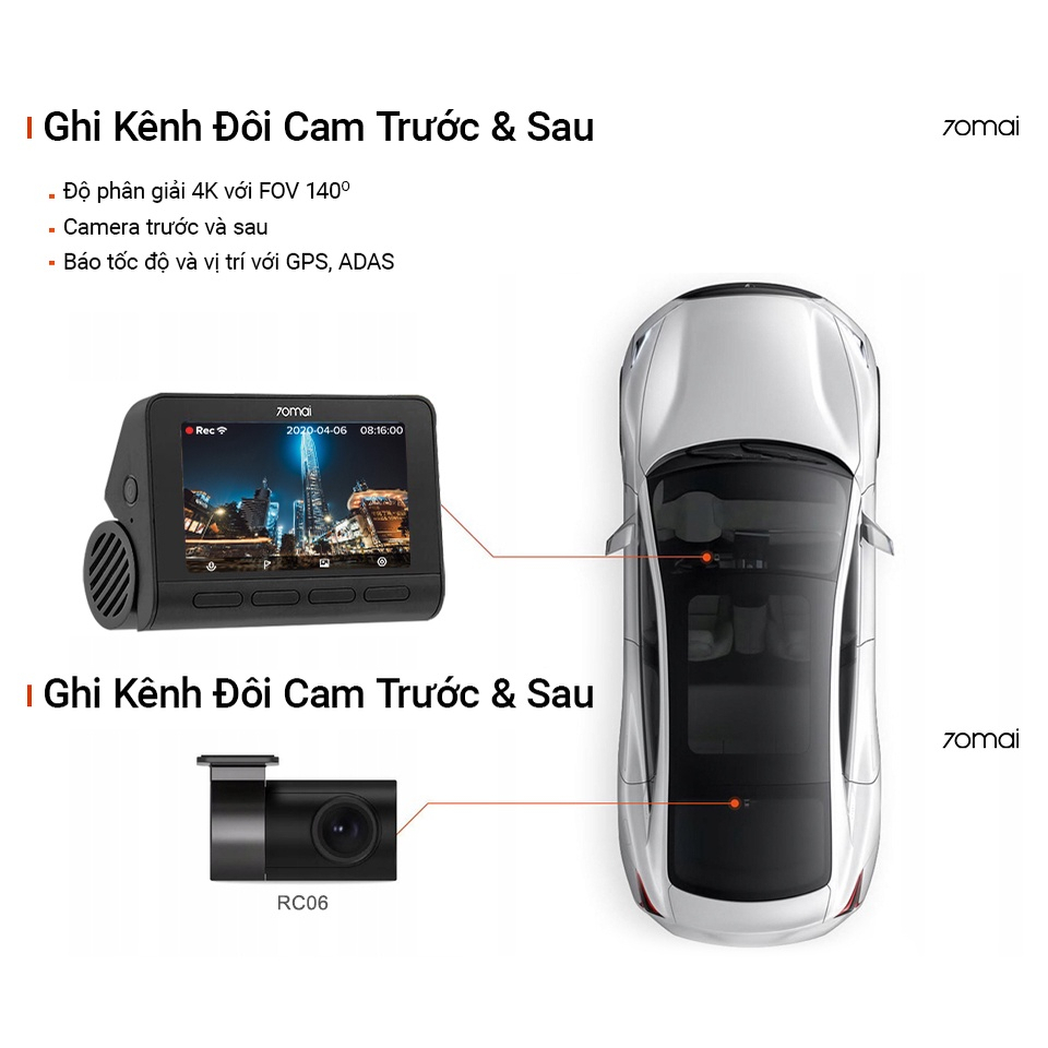 Camera hành trình 70mai Dash Cam A800S độ phân giải 4K +cam sau RC06 bản quốc tế,bảo hành 12 tháng