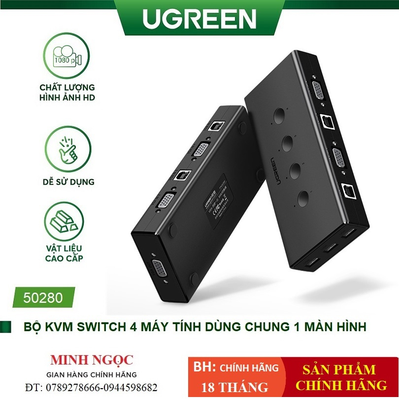 Bộ chuyển tín hiệu VGA 4 Máy Tính dùng chung 1 màn hình KVM SWITCH chính hãng Ugreen 50280 cao cấp