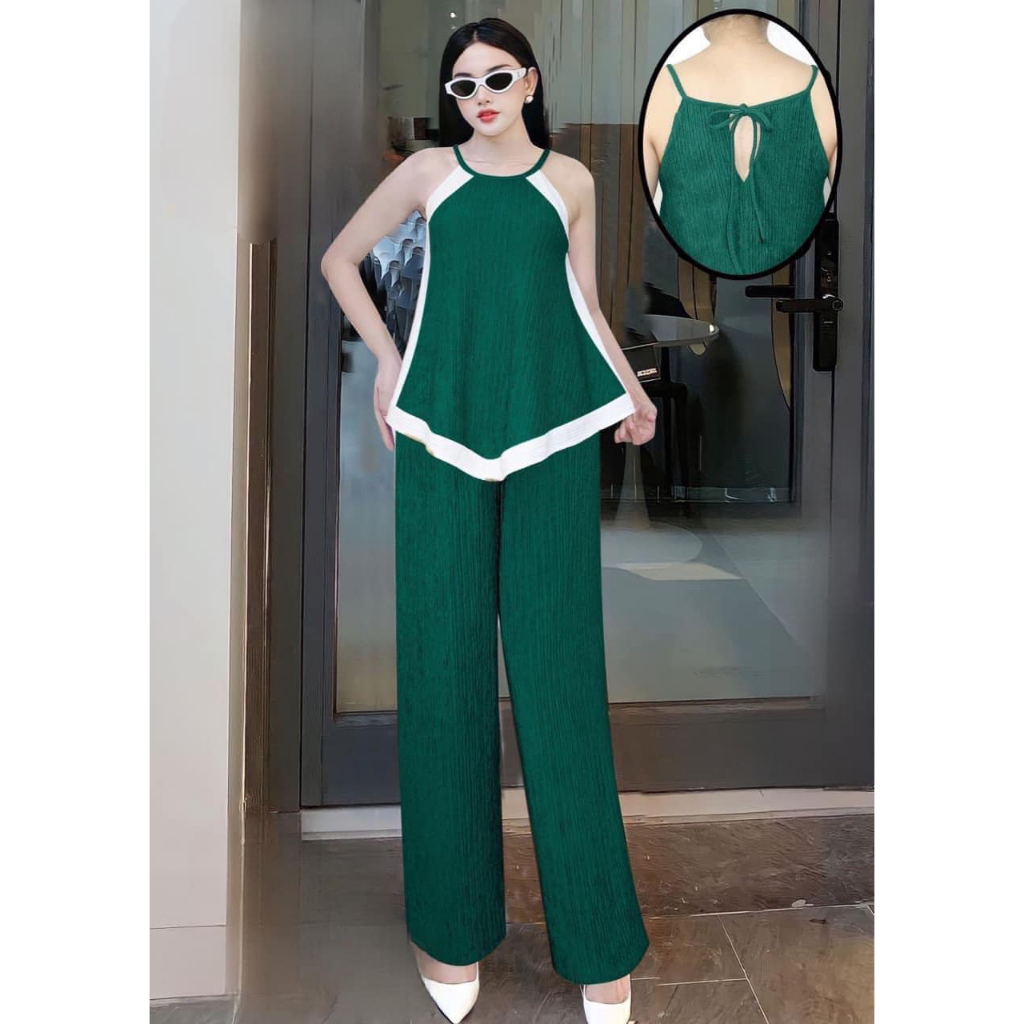 Đồ bộ nữ, set đồ bộ thun gân xốp thái xịn, quần ống rộng đai cao có túi và áo yếm lai nhọn cột dây sau, bộ đồ mặc nhà nữ