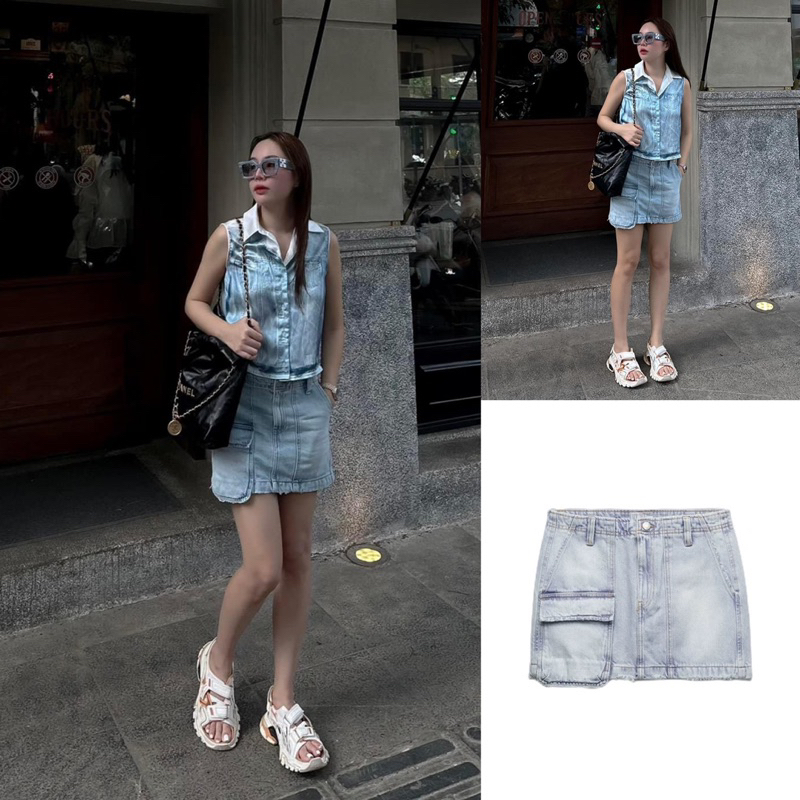 Chân váy Zara Chân váy Zara denim jeans cargo túi hộp lệch Zara xuất dạo phố, cá tính C014
