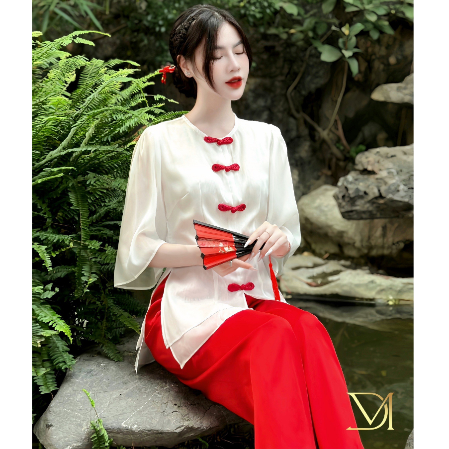 Set áo lụa 2 tà cổ tròn cúc tàu phối quần suông dài ống rộng thời trang thiết kế đi lễ đi chùa pháp phục trang nghiêm LE