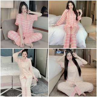 Bộ Caro Hồng, bộ đồ pizama mặc nhà Lụa Mango cao cấp CH02