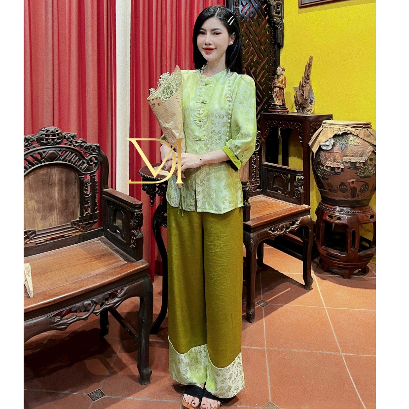 Set áo lụa phối gấm cổ tròn tay lỡ phối quần lụa dài suông dáng dài thời trang pháp phục đi lễ đi chùa thắp hương tôn ng