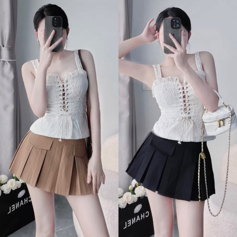 SET ÁO DÂY THÔ BODY ĐỤC LỖ ĐAN DÂY DÁNG ÔM + Váy Xếp Ly To Dáng Ngắn Có Lót Quần TÔN EO CHẤT ĐẸP