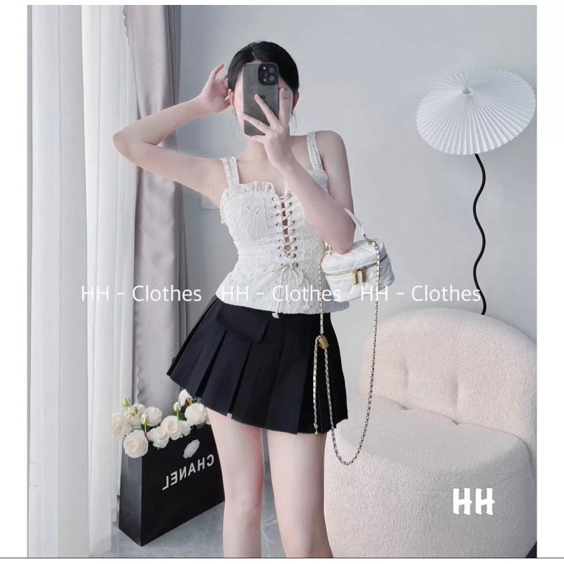 SET ÁO DÂY THÔ BODY ĐỤC LỖ ĐAN DÂY DÁNG ÔM + Váy Xếp Ly To Dáng Ngắn Có Lót Quần TÔN EO CHẤT ĐẸP