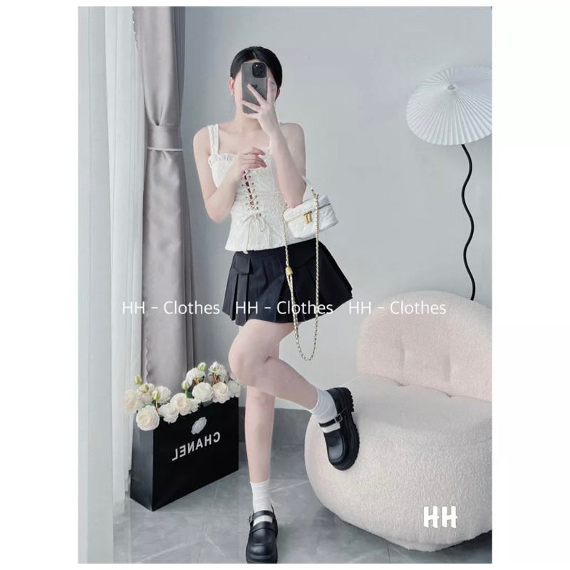 SET ÁO DÂY THÔ BODY ĐỤC LỖ ĐAN DÂY DÁNG ÔM + Váy Xếp Ly To Dáng Ngắn Có Lót Quần TÔN EO CHẤT ĐẸP