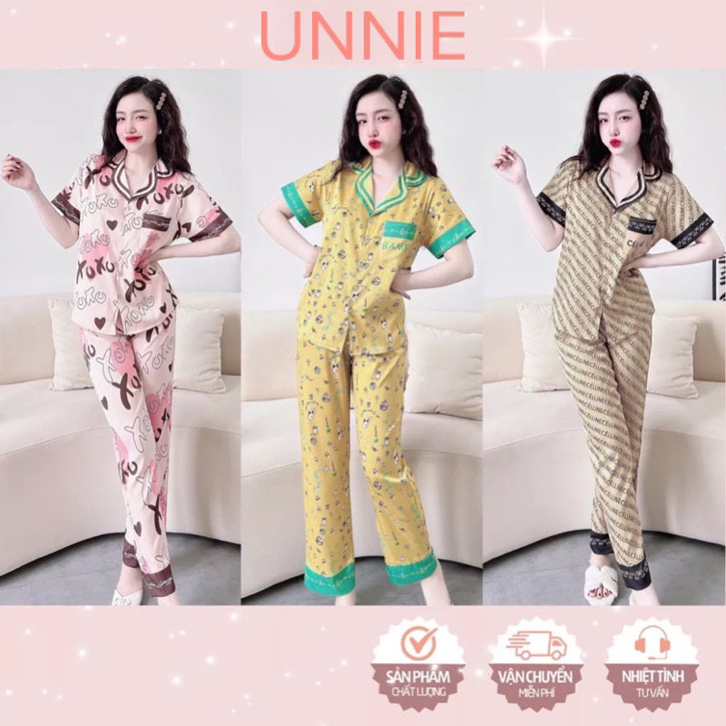 Bộ Pijama mặc nhà lụa xước ánh kim tay nhắn quần dài in viền sang trọng UNI B08
