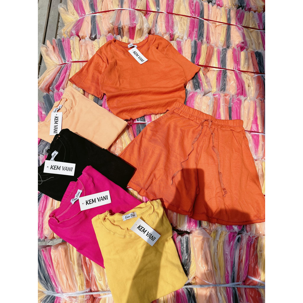 Đồ bộ nữ, set đồ bộ ngố quần đùi rộng có túi và áo croptop tay ngắn thun cotton gân mịn dày xịn, bộ đồ ngố mặc nhà
