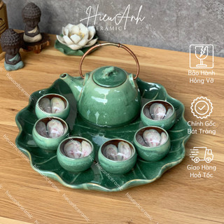 Bộ ấm chén hoả biến thiên thanh, bộ ấm uống trà đẹp gốm sứ bát tràng dung tích 400ml - có khay sứ lá sen
