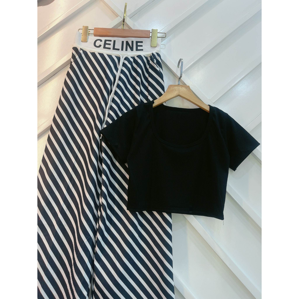 Đồ bộ nữ, set đồ bộ quần ống rộng đai cao lưng bản to có túi rút dây kèm áo croptop ôm cổ vuông tay ngắn, set bộ đồ nữ