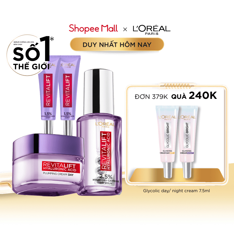 Bộ serum mắt và kem dưỡng cấp ẩm căng mướt da Hyaluronic Acid L'Oreal Paris