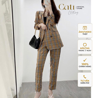 Set bộ vest kẻ a1819 màu kẻ vàng nâu siêu tây thiết kế dáng vest ôm tôn dáng