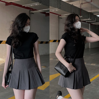 Set áo phông zip chân váy xếp li xám S1 ( Có tách set )