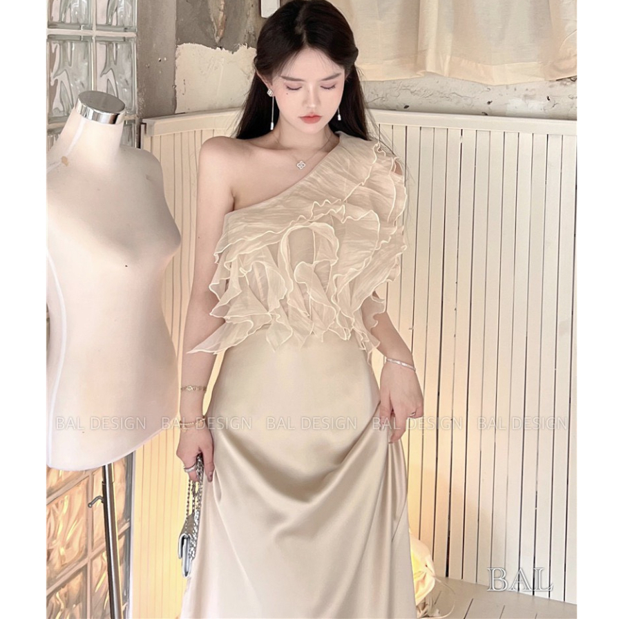 Set đồ nữ sang chảnh áo bèo cổ lệch phối chân váy dài xẻ tà thời trang thiết kế đi dự tiệc cưới sự kiện dạ hội LEVAN
