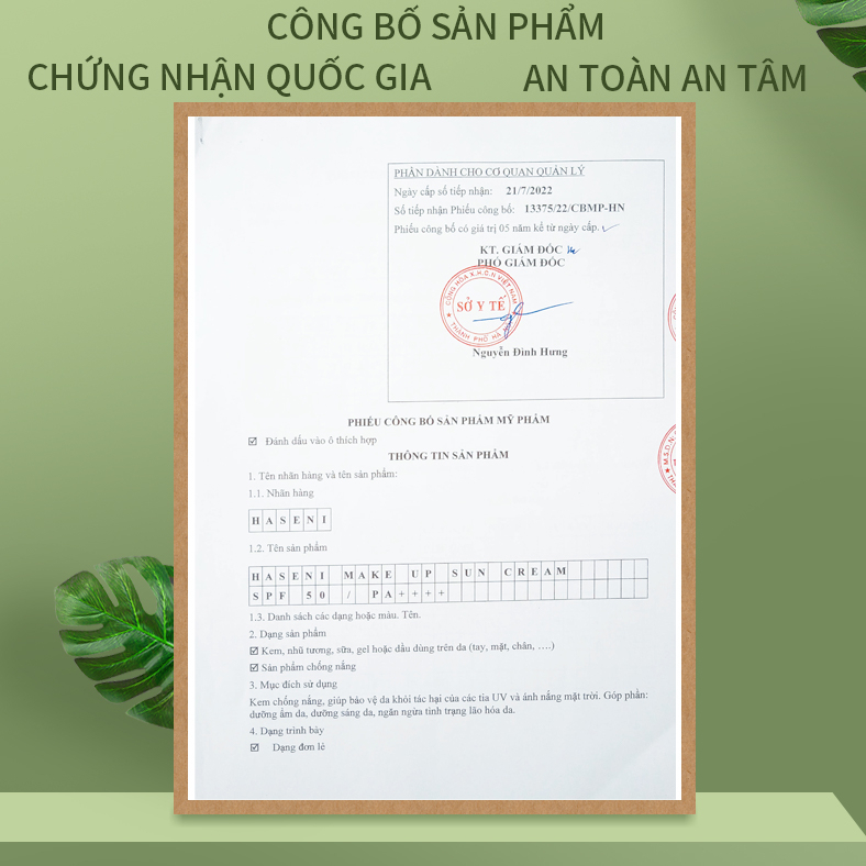 Kem chống nắng makeup Haseni SPF50/PA++++ nâng tone, dưỡng ẩm cho da, chống tia UVA UVB