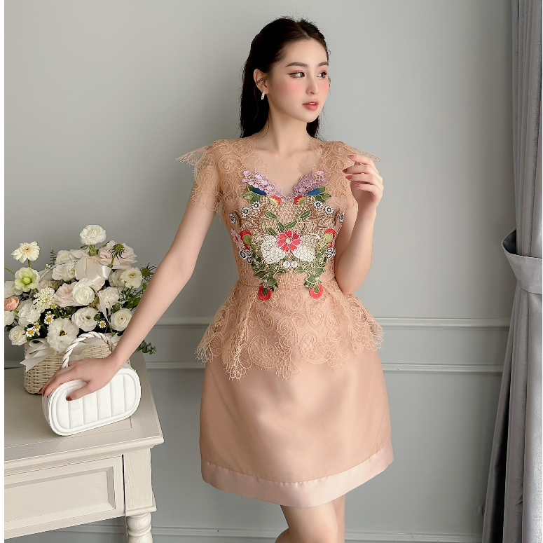 Đầm váy lụa thân trên phối ren thêu sang chảnh thời trang thiết kế đi dự tiệc cưới sự kiện dạ hội nữ tính sang chảnh LEV