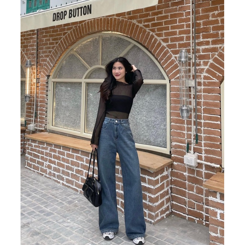 Quần jeans cạp cao ống loe xoè rộng màu Retro, Lipeo.store