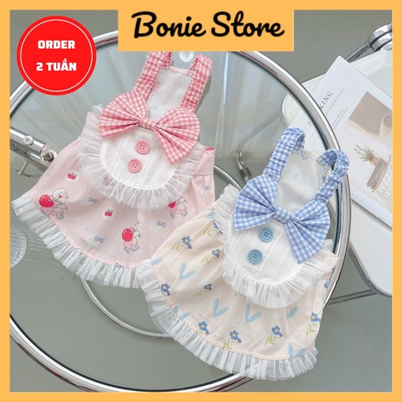 Đầm Công Chúa Chó Mèo Thú Cưng Đính Nơ Viền Bèo Phối lưới In Hình Dễ Thương