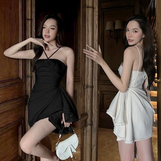 Đầm mini khoen ngực dây cổ xếp nhấn eo viền tưa