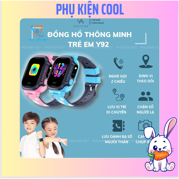 Đồng Hồ Thông Minh Cho Bé Y92 Lắp Sim Nghe Gọi 2 Chiều, Đồng Hồ Định Vị Trẻ Em Chống Nước Có Tiếng Việt