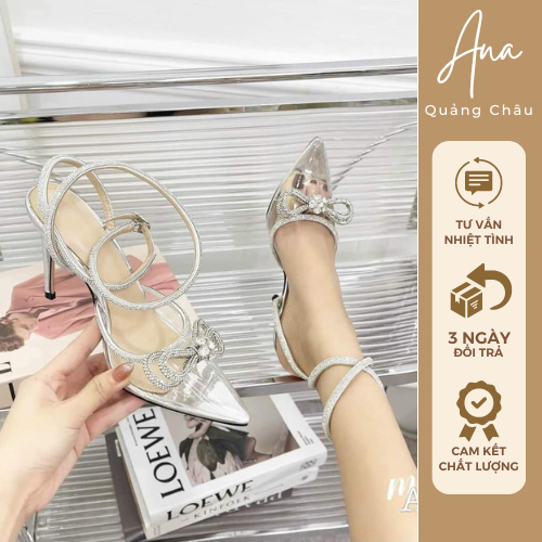 Giày Sandal Bít Mũi Đế 9 Phân Da Lụa Phối Nơ Đính Đá Trong Suốt Lấp Lánh Cao Cấp Dự Tiệc, Đi Chơi Thời Trang Ana