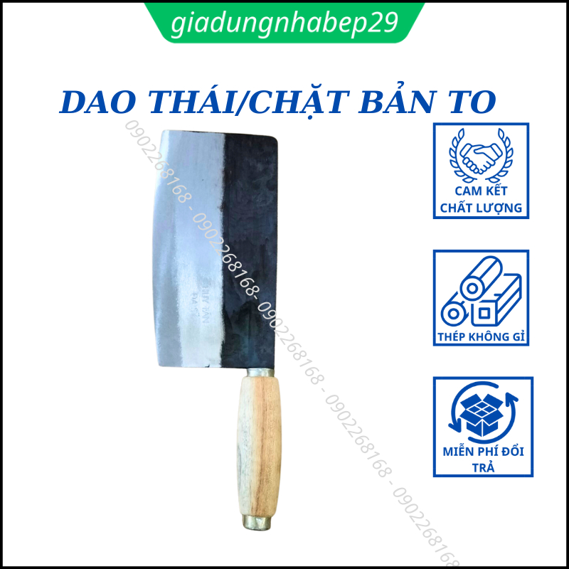 Bộ dao nhà bếp thái chặt, thép nhíp, bản dao vuông, tay cầm cán gỗ