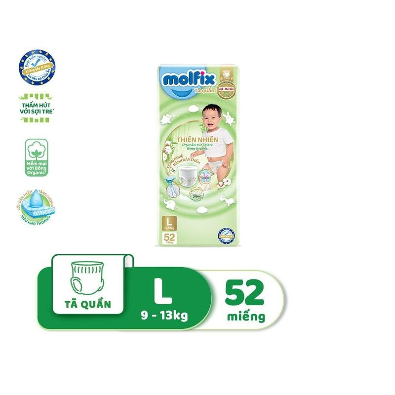 Bỉm quần Molfix thiên nhiên an toàn bông tự nhiên-Super Jumbo L (9kg - 13kg) - Gói 52 miếng