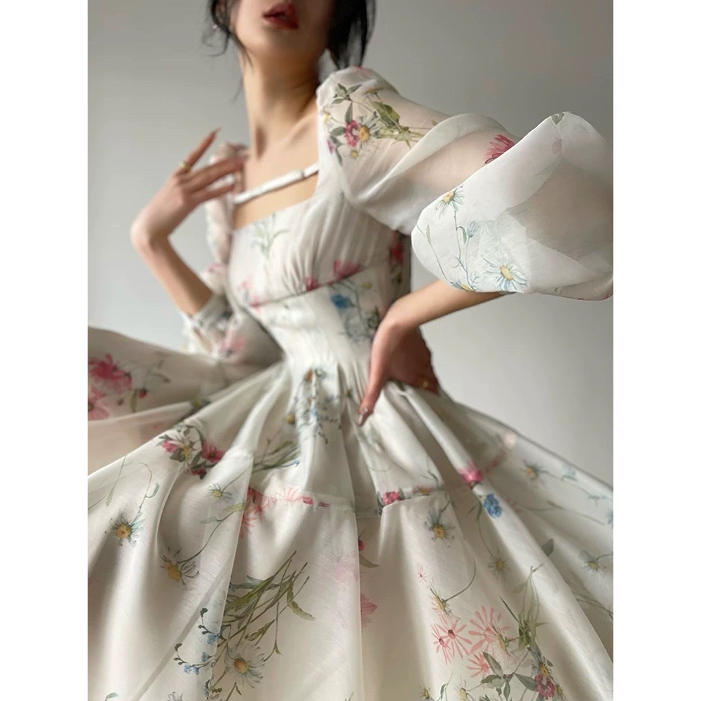 ĐẦM NGẮN MIDI CỔ U SUÔNG HOA FLORAL VOAN TAY DÀI BỒNG XÒE ĐI TIỆC DẠO PHỐ ĐI CHƠI