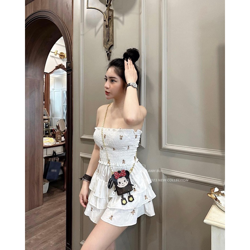 Set Áo Chun Cúp Ngực Phối Chân Váy Lót Quần Tầng Gấu Thêu Mã QT180