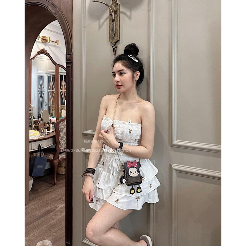 Set Áo Chun Cúp Ngực Phối Chân Váy Lót Quần Tầng Gấu Thêu Mã QT180