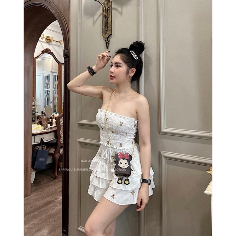 Set Áo Chun Cúp Ngực Phối Chân Váy Lót Quần Tầng Gấu Thêu Mã QT180