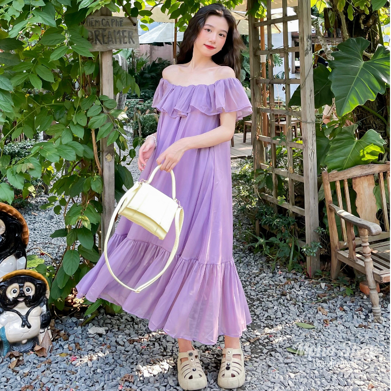 Đầm maxi voan tơ bèo trễ vai dáng dài Ảnh thật/Sẵn