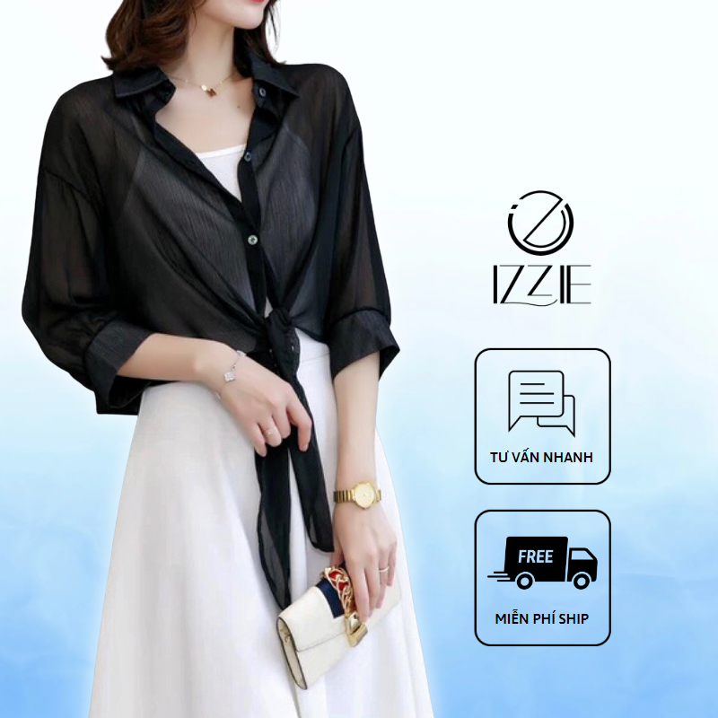 Áo sơ mi dáng ngắn tay lỡ ASM123 Izzie 2022, vạt buộc eo, khoác ngoài, chất voan tơ mềm mát bay bổng