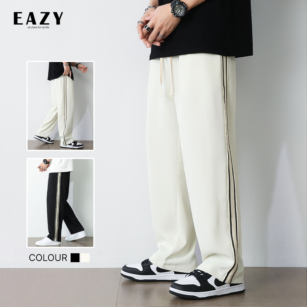 Quần kẻ sọc ống rộng thời trang vải lụa băng cao cấp EAZY - P06 , Quần ống suông nam kẻ sọc phong cách màu đen trắng