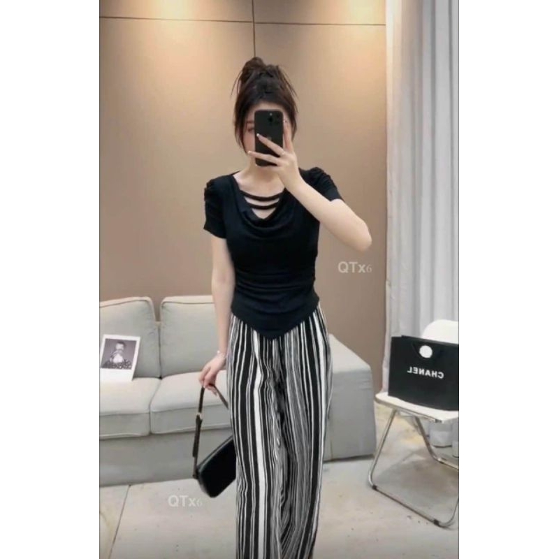 Áo thun cổ dây vạt nhọn hàng QC