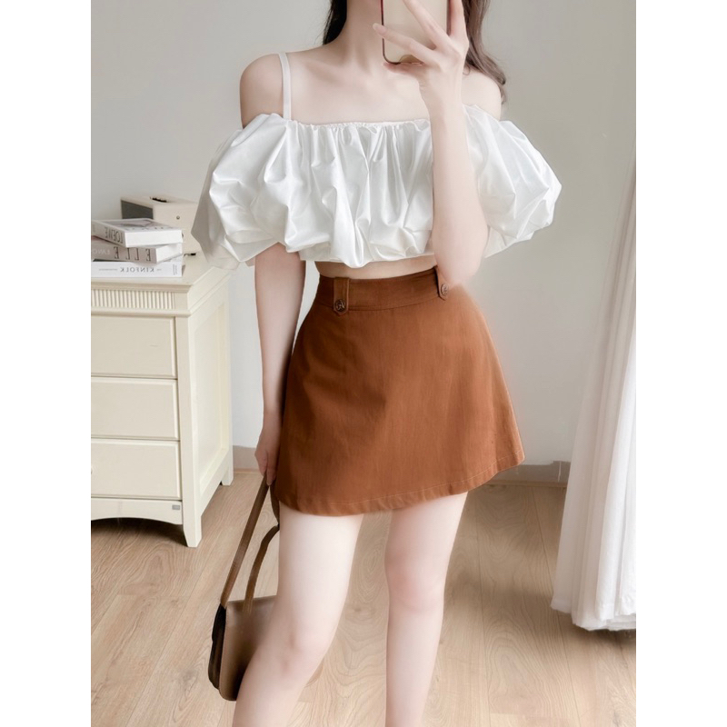 MYAN DESIGN Áo Croptop Nữ Hai Dây Tay Phồng Màu Trắng, Nâu Mã Avn042317