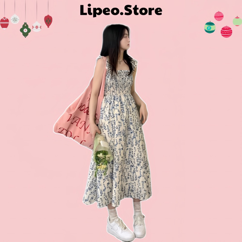 Váy hoa xanh cổ vuông tay bèo dáng xoè đi biển style Hàn Quốc