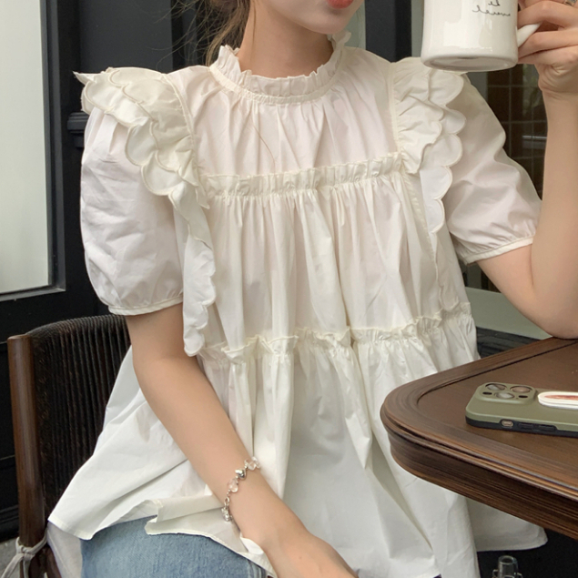 Áo sơ mi trắng nữ tay ngắn cánh tiên bánh bèo, sơ mi nữ kiểu thiết kế dáng babydoll điệu đà form rộng hàn quốc 3147