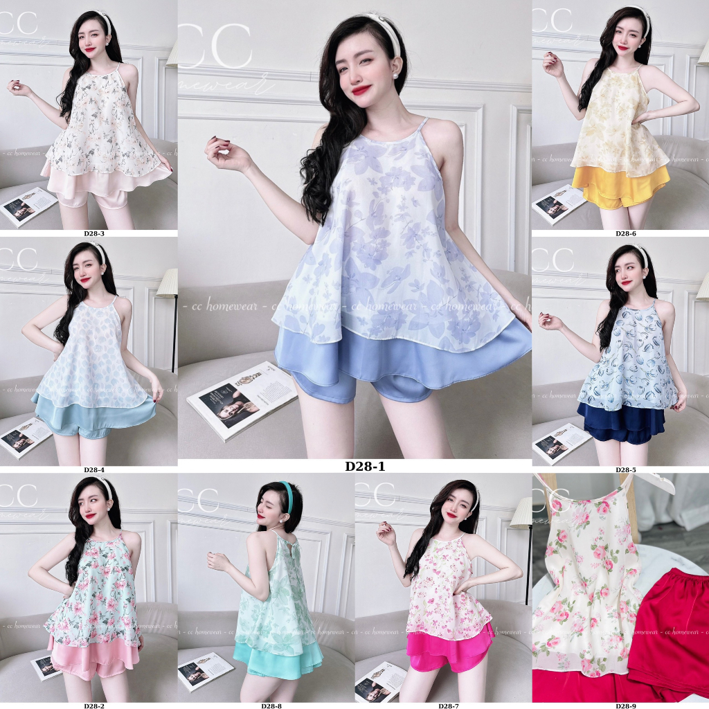 Bộ ngủ yếm lụa tơ voan cao cấp D28 chất liệu mềm mịn kiểu dáng dễ thương