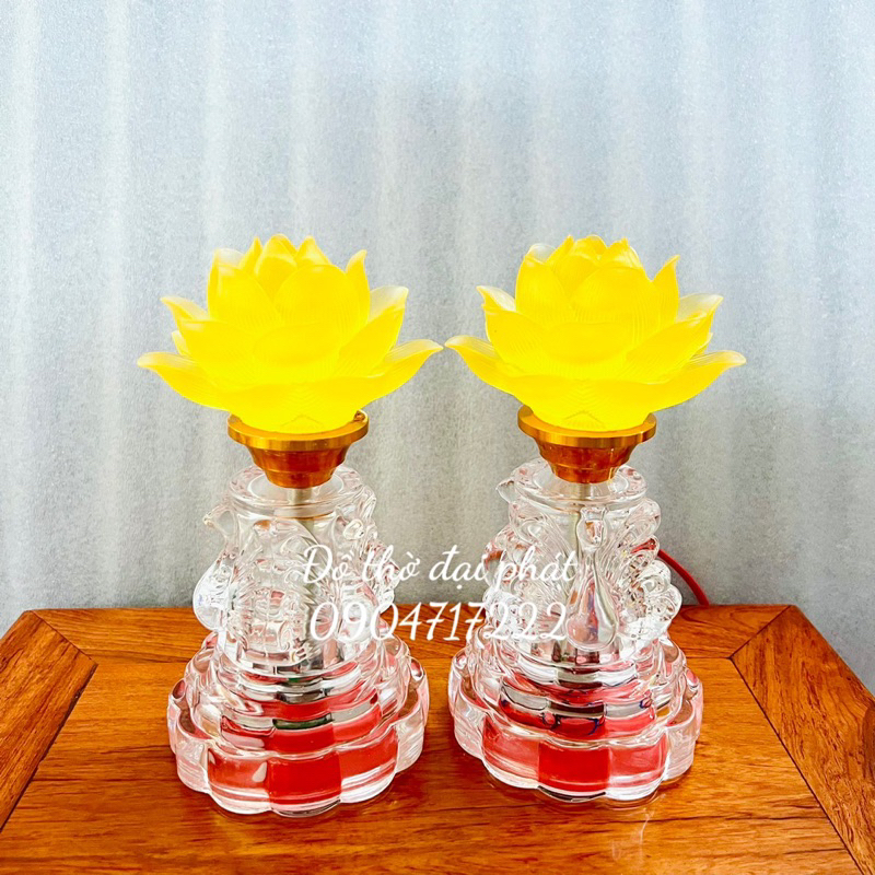 Cặp đèn thờ hoa sen lưu ly thân pha lê thuỷ tinh cao cấp, Đèn thờ bông sen