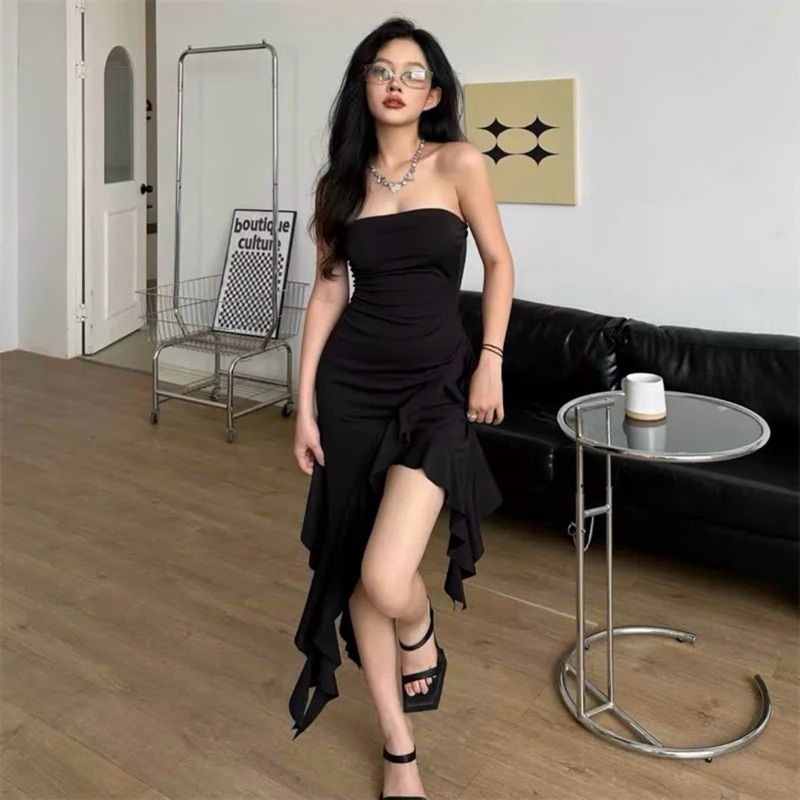 Đầm body dáng dài tua rua TIBU Áo ống cúp ngực lạ mắt sang chảnh siêu hot trend 2023