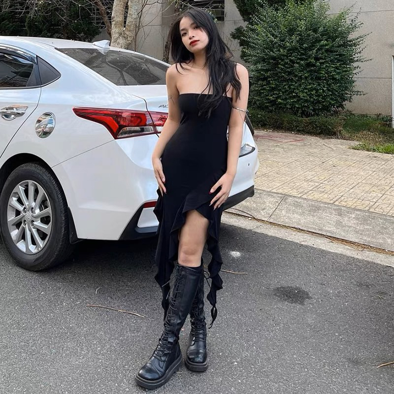 Đầm body dáng dài tua rua TIBU Áo ống cúp ngực lạ mắt sang chảnh siêu hot trend 2023