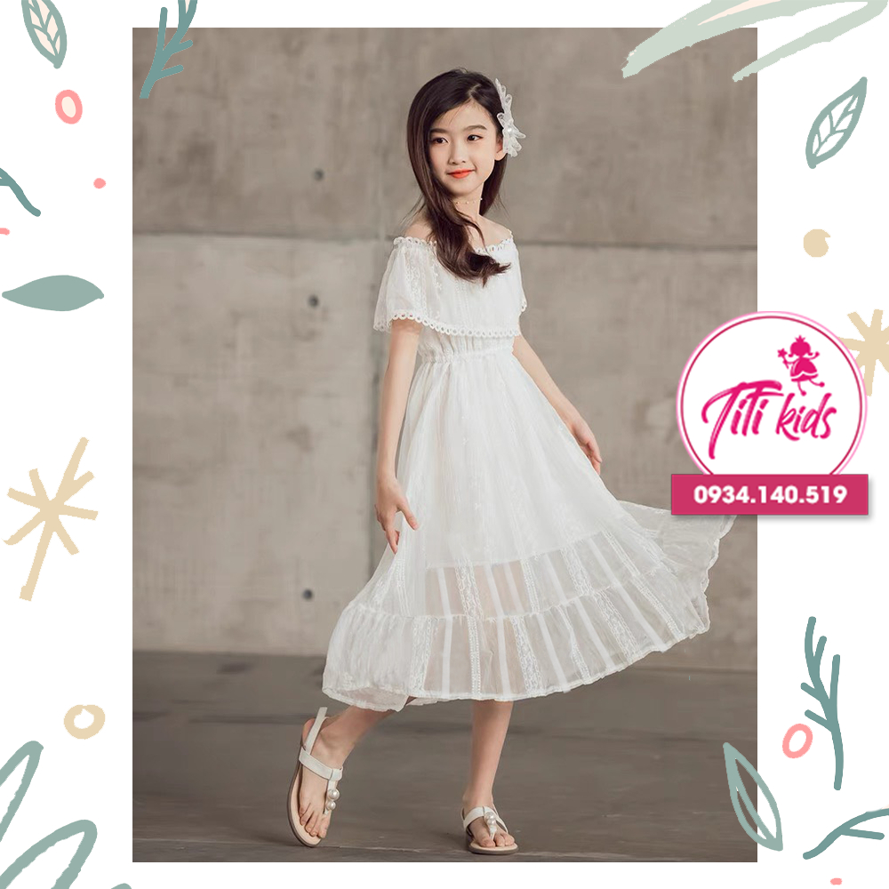 Váy đầm cho bé gái trắng ren dài trễ vai Titikids - V234