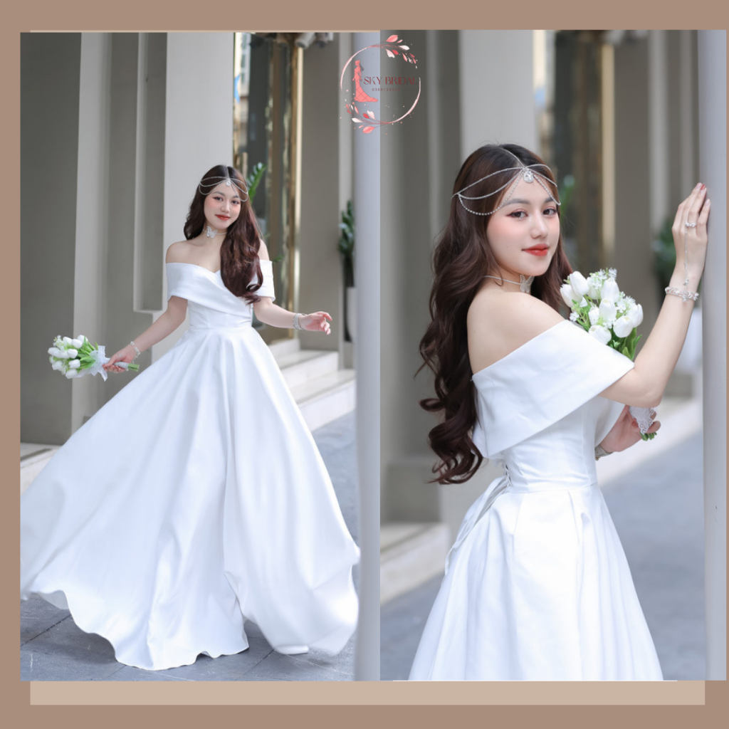 SKY Bridal Váy cưới trễ vai quyến rũ cho cô dâu, váy may chuẩn corset siết eo tùng rộng