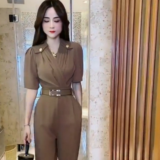 Jumpsuit Dài 💝FREESHIP💝 Jum dài ống suông cổ chữ V phối Đai eo xinh xắn màu Nâu Tây J245 | BigBuy360 - bigbuy360.vn