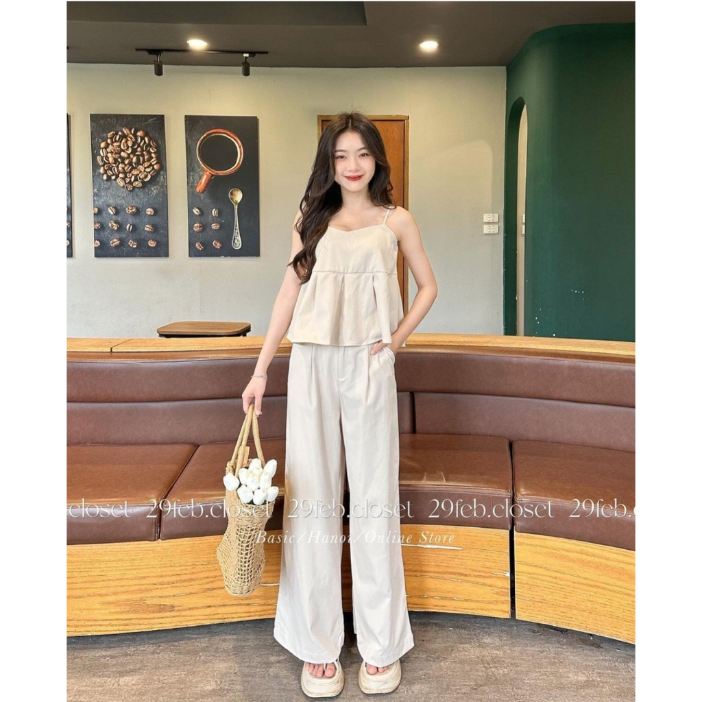 Set áo 2 dây xếp ly kèm quần dài ống rộng Heppy chất 2da_Set566_P0K15