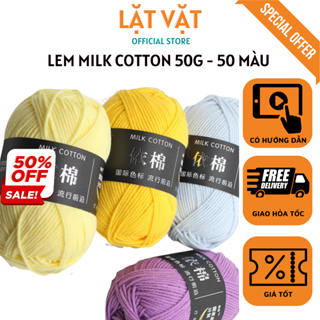 Hình ảnh Len Milk Cotton Mác đen cuộn 50g, mã 50 màu - len mềm mại để tập móc đan khăn, có tặng chart