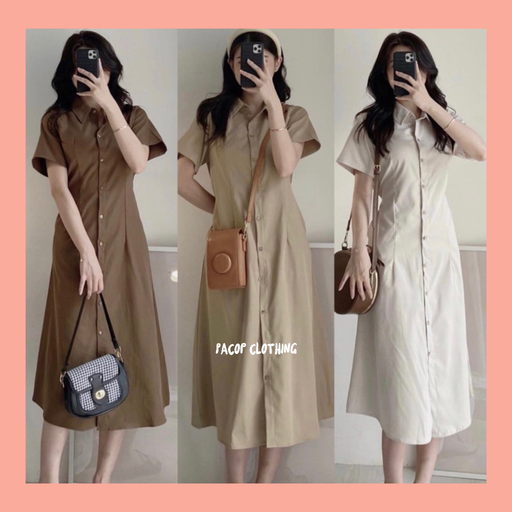 Váy Sơ Mi Dài Mint Dáng Chữ A Chất Kaki Mềm Tay Ngắn Có Chun Eo Chích Eo Tôn Dáng Phong Cách Vintage .